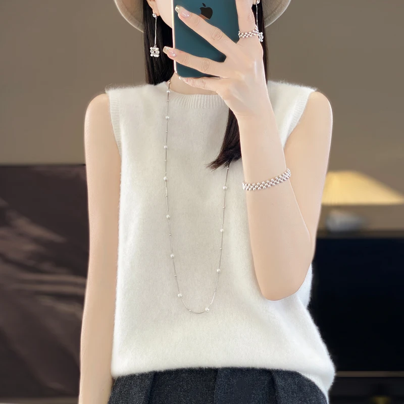 Новый женский свитер без рукавов с круглым вырезом, простой стиль, однотонный мягкий жилет, трикотаж из 100% мериносовой шерсти, пуловер, весна-лето, корейские топы 
Новый женский свитер без рукавов с круглым вырезом, простой стиль, однотонный мягкий жилет, трикотаж из 100% мериносовой шерсти, пуловер, весна-лето, корейские топы