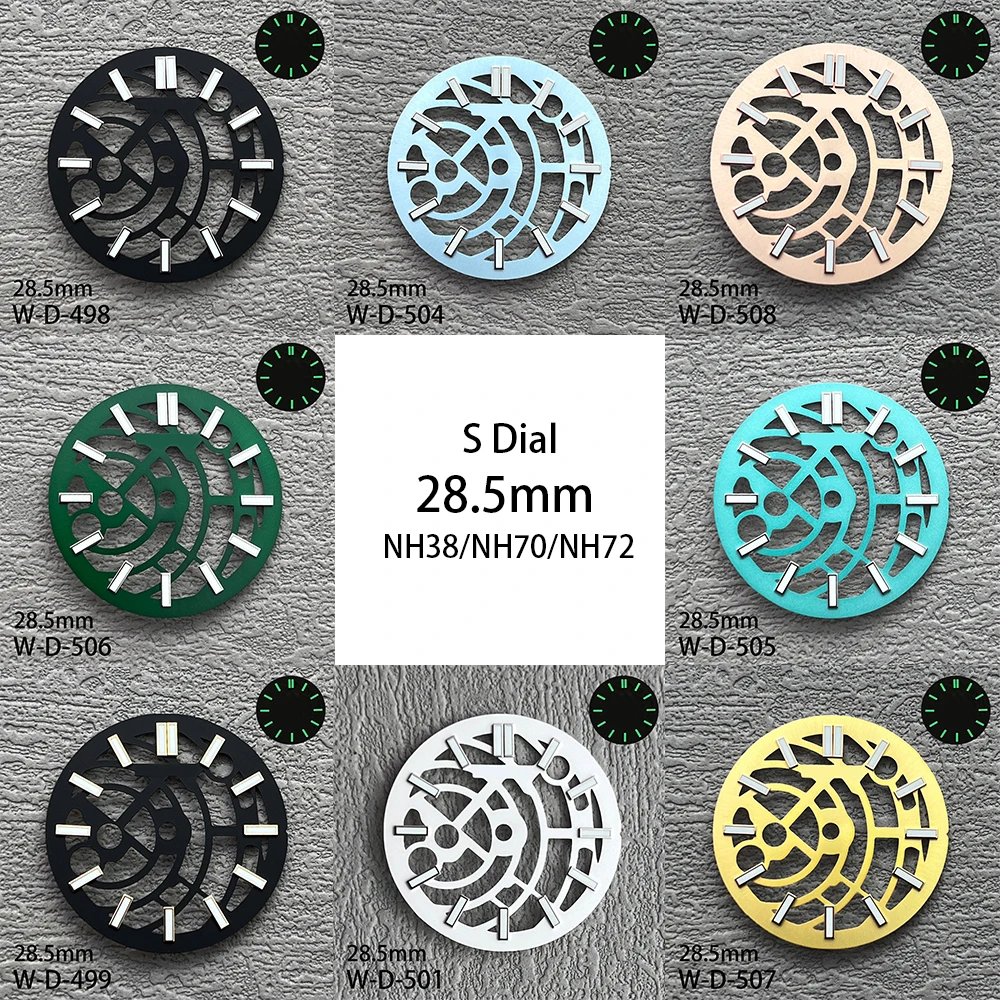 28.5mm S Logo Hollow Out Dial Suitable For NH70/NH72 Movement Green Luminous Watch Modification Accessories
28.5mm S Logo Hollow Out Dial Suitable For NH70/NH72 Movement Green Luminous Watch Modification Accessories