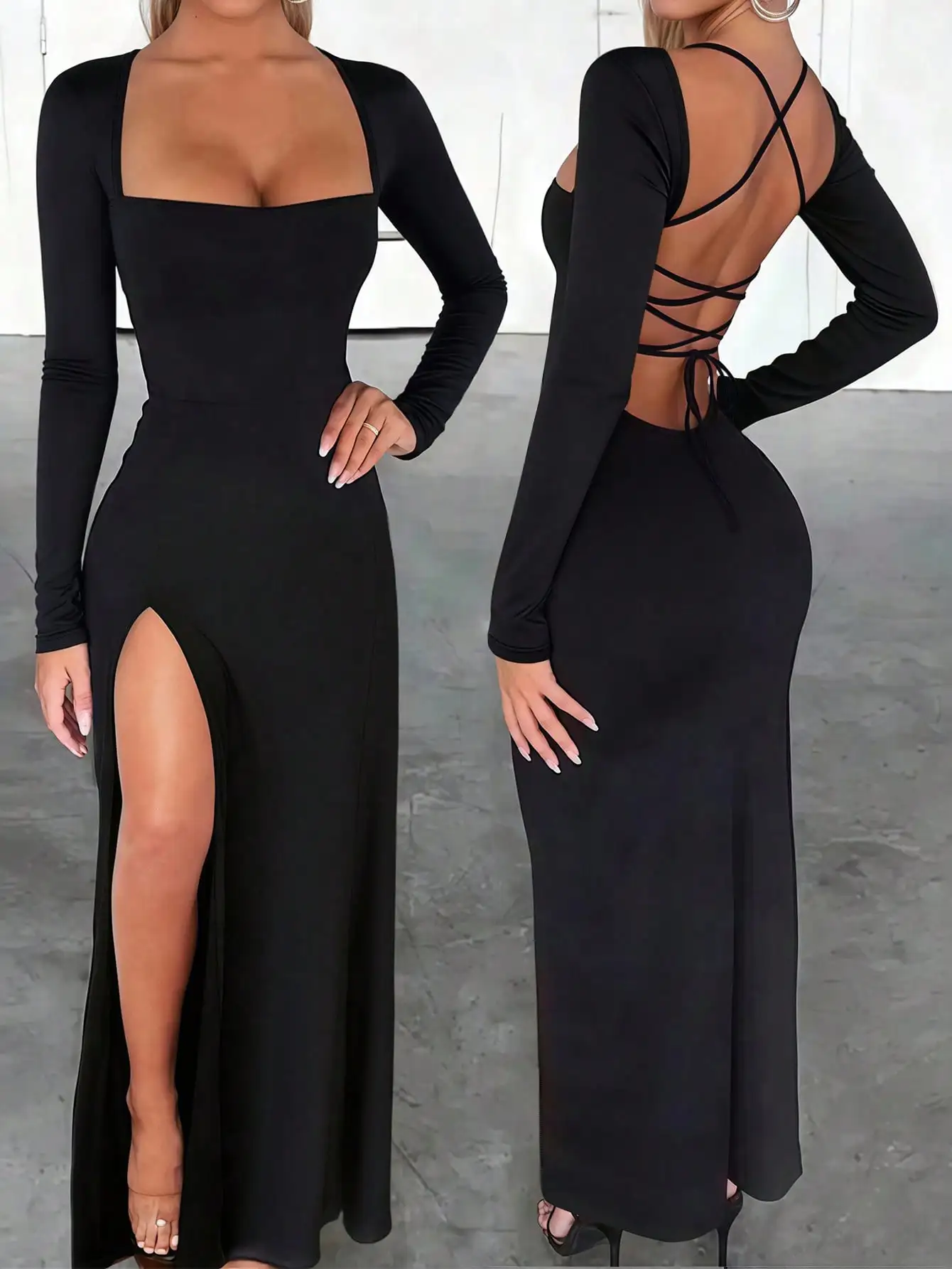 Women's Long Sleeve Backless Dress with Square Neck and High Slit, Sexy Fit for Evening Events
Women's Long Sleeve Backless Dress with Square Neck and High Slit, Sexy Fit for Evening Events