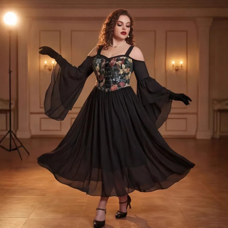 Vintage Floral Print Off Shoulder Flare Sleeve Lace Up Corset Dress Women High Waist Chiffon Midi Dress Gothic Party Evening Gow
Vintage Floral Print Off Shoulder Flare Sleeve Lace Up Corset Dress Women High Waist Chiffon Midi Dress Gothic Party Evening Gow