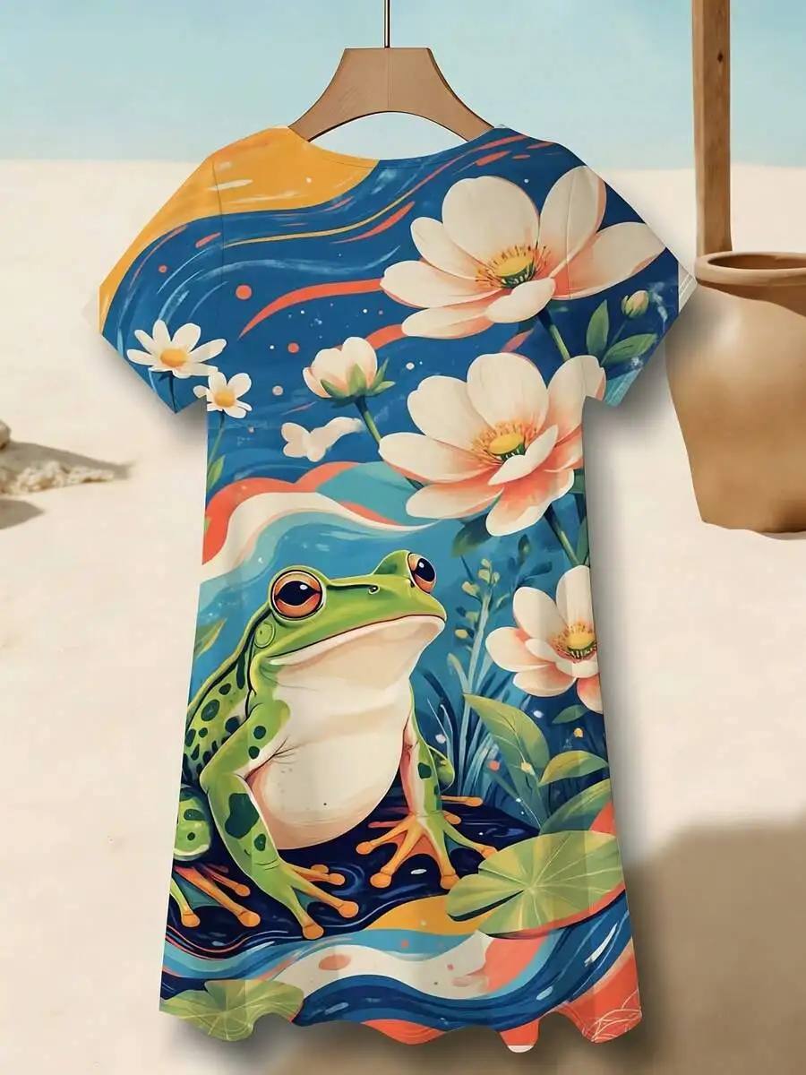Womens Casual Frog And Floral Print Short Sleeve Crew Neck Dress For Leisure
Womens Casual Frog And Floral Print Short Sleeve Crew Neck Dress For Leisure