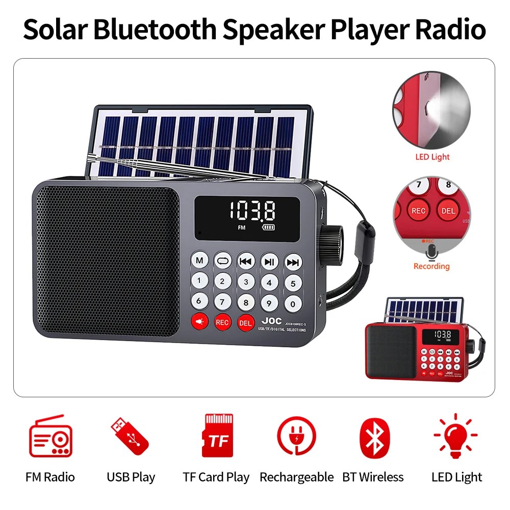 Портативное FM-радио на солнечной энергии, перезаряжаемая Bluetooth-колонка, USB, TF-карта, MP3-плеер с функцией записи, светодиодный фонарь, FM-приемник
Портативное FM-радио на солнечной энергии, перезаряжаемая Bluetooth-колонка, USB, TF-карта, MP3-плеер с функцией записи, светодиодный фонарь, FM-приемник