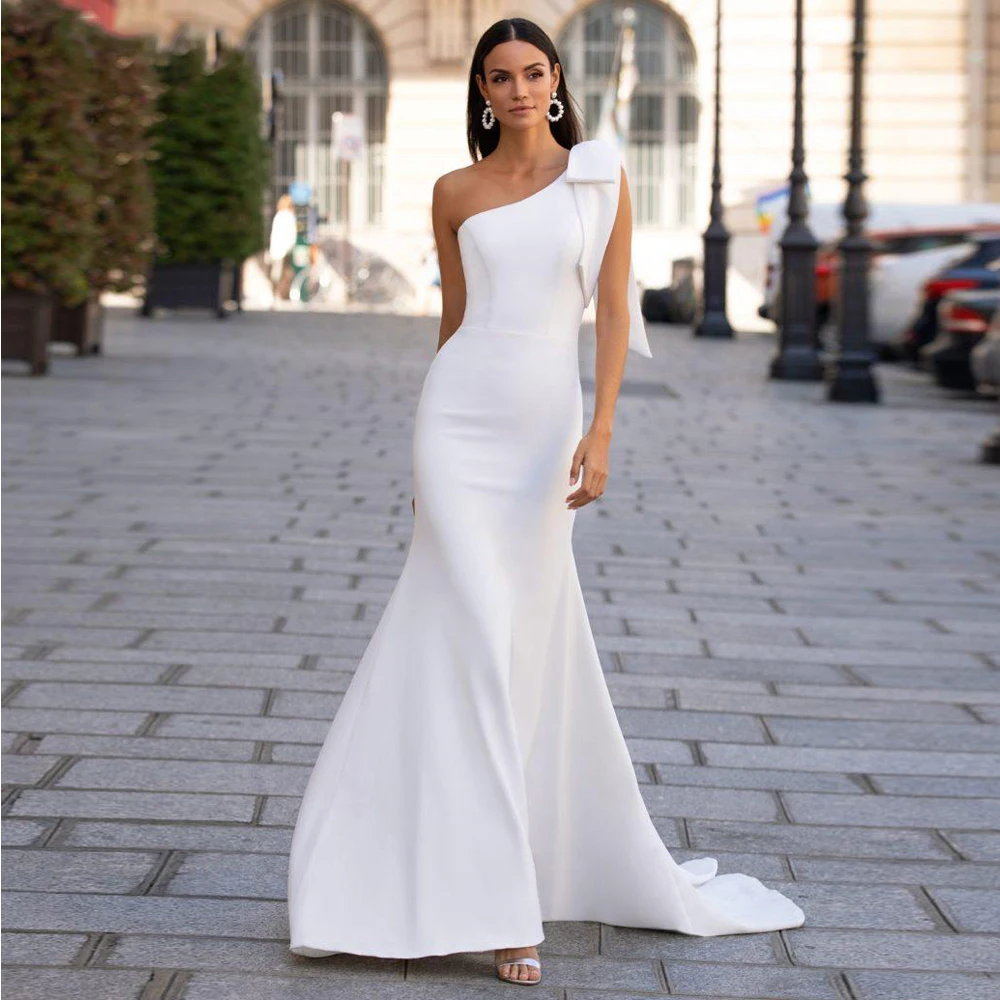 Crepe Simple Mermaid Wedding Dresses One Shoulder Big Bow Sleeveless Bridal Gowns
Crepe Simple Mermaid Wedding Dresses One Shoulder Big Bow Sleeveless Bridal Gowns