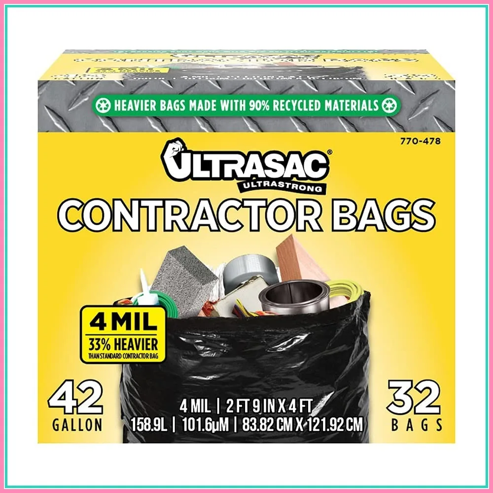 Extra Heavy Duty Contractor Bags, 42 Gallon, 4 Mil, 33x48 inches, 32 Pack with Ties
Extra Heavy Duty Contractor Bags, 42 Gallon, 4 Mil, 33x48 inches, 32 Pack with Ties