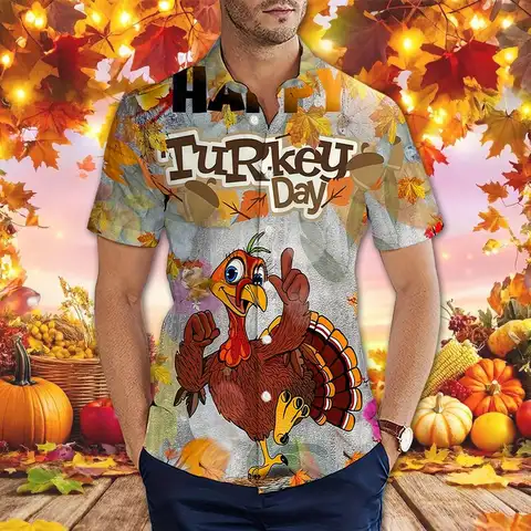 Funny Turkey 3D Print Thanksgiving Shirt Street Fashion Popular Lapel Buttons Tops Unisex Casual Holiday Short Sleeve Blouse