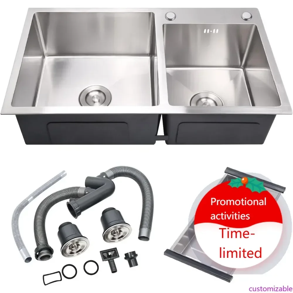Customizable T-304 Modern Nano-Coated Stainless Steel Kitchen Sink, Drop in & Topmount Double Bowl Sinks with Drainage Pipes and
Customizable T-304 Modern Nano-Coated Stainless Steel Kitchen Sink, Drop in & Topmount Double Bowl Sinks with Drainage Pipes and