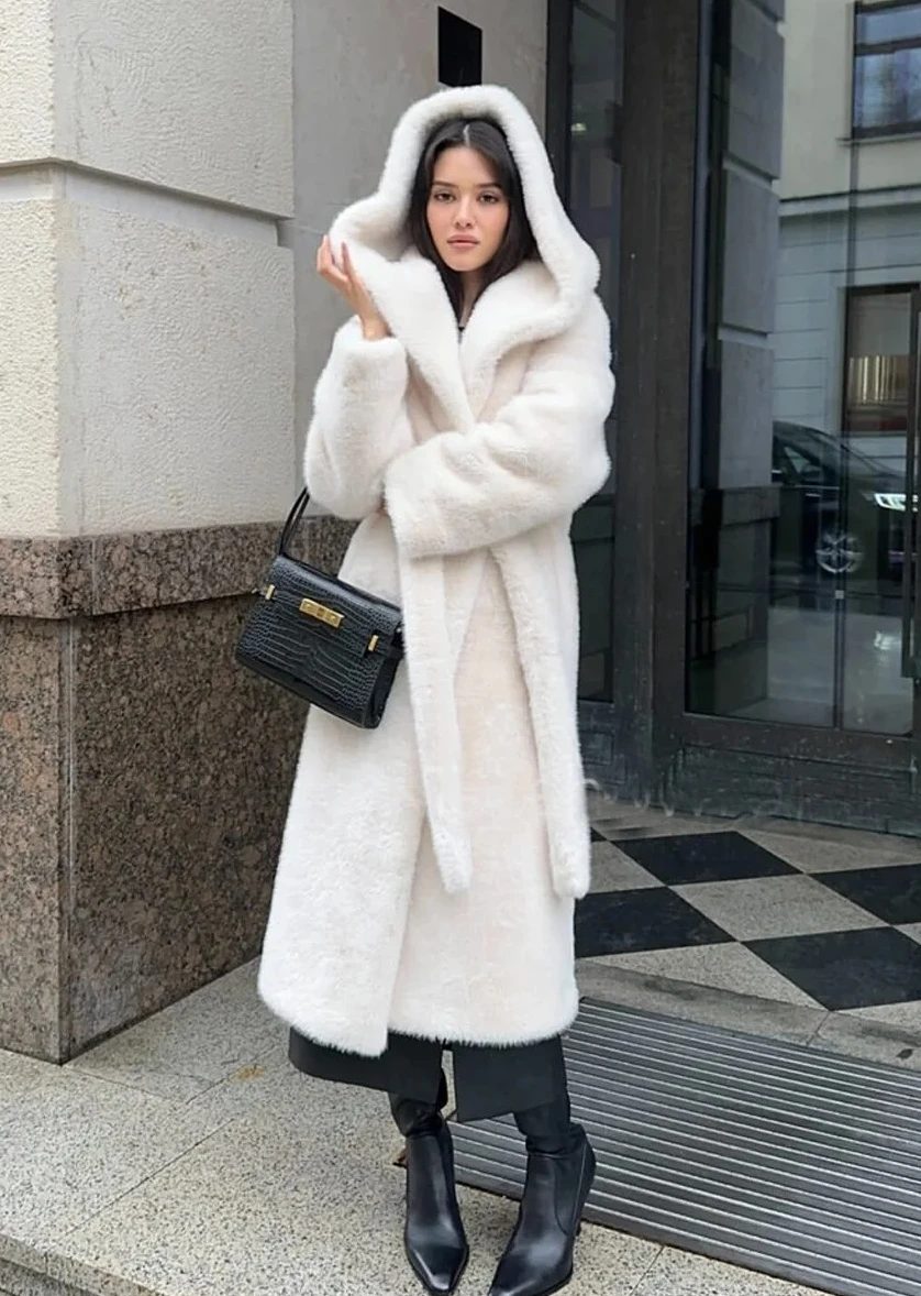 2025 Autumn Winter Women Faux Fur Long Coats Hooded Overcoats Lace Up Full Sleeves Open Stitch Thick Loose Jackets Elegant
2025 Autumn Winter Women Faux Fur Long Coats Hooded Overcoats Lace Up Full Sleeves Open Stitch Thick Loose Jackets Elegant