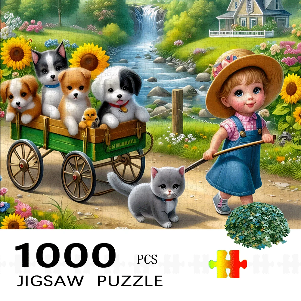 1000pcs Jigsaw Puzzle - Charming Countryside Scene with Girl, Dogs, Cats, Sunflowers & Wagon - Vibrant Colors, Challenging Bra
1000pcs Jigsaw Puzzle - Charming Countryside Scene with Girl, Dogs, Cats, Sunflowers & Wagon - Vibrant Colors, Challenging Bra