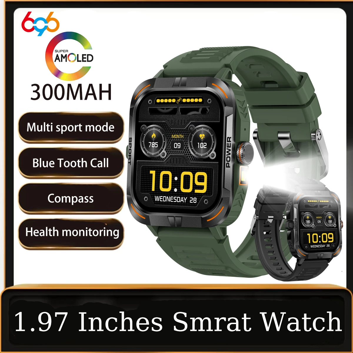 Compass AMOLED Screen Outdoor Flashlight Sport Smart Watch Blue Tooth call Music Playing Waterproof Health Smartwatch Calculator
Compass AMOLED Screen Outdoor Flashlight Sport Smart Watch Blue Tooth call Music Playing Waterproof Health Smartwatch Calculator