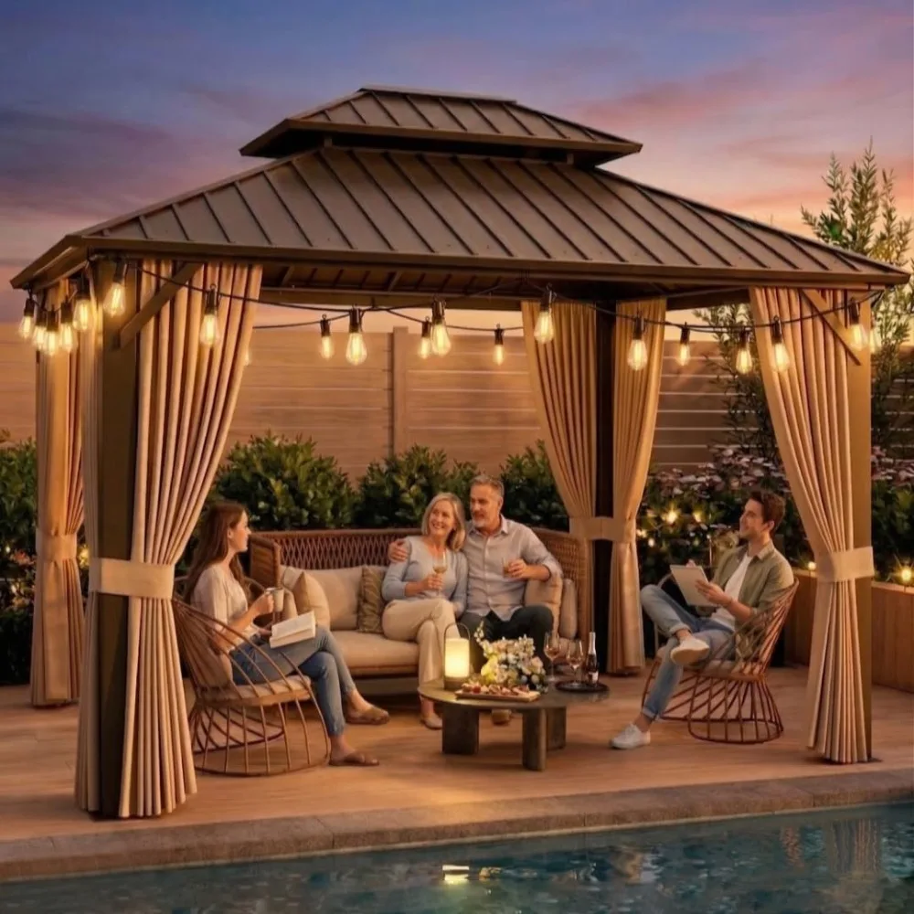 10'x12' Hardtop Gazebo String Lights Galvanized Steel Double Roof Aluminum Frame Outdoor Pavilion Nettings Curtains, Custom
10'x12' Hardtop Gazebo String Lights Galvanized Steel Double Roof Aluminum Frame Outdoor Pavilion Nettings Curtains, Custom