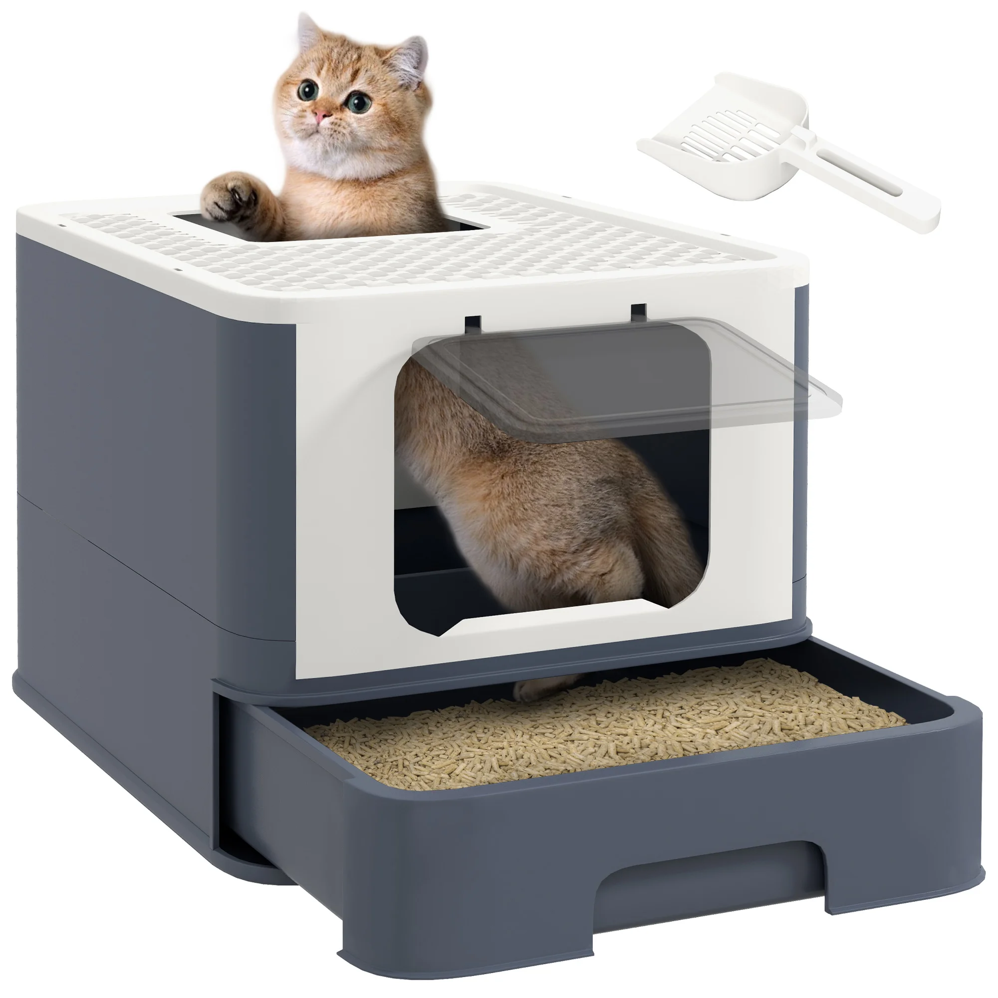 Cat Litter Box with Lid, Scoop, Front Entry, and Top Exit for Large Cats, White
Cat Litter Box with Lid, Scoop, Front Entry, and Top Exit for Large Cats, White