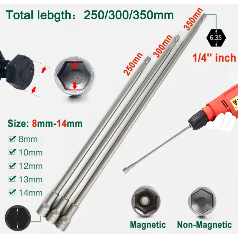 Magnetic Hex Nut Driver 8mm-14mm Socket Impact Drill Bit Tool 1/4" Hex Chrome-vanadium alloy steel Total length 250/300/350mm
Magnetic Hex Nut Driver 8mm-14mm Socket Impact Drill Bit Tool 1/4" Hex Chrome-vanadium alloy steel Total length 250/300/350mm