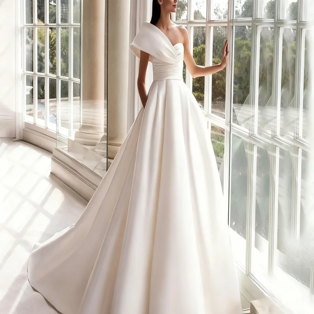 Индивидуальные современные атласные современные свадебные платья трапециевидной формы на одно плечо длиной до пола, свадебное платье принцессы с открытой спиной
Индивидуальные современные атласные современные свадебные платья трапециевидной формы на одно плечо длиной до пола, свадебное платье принцессы с открытой спиной