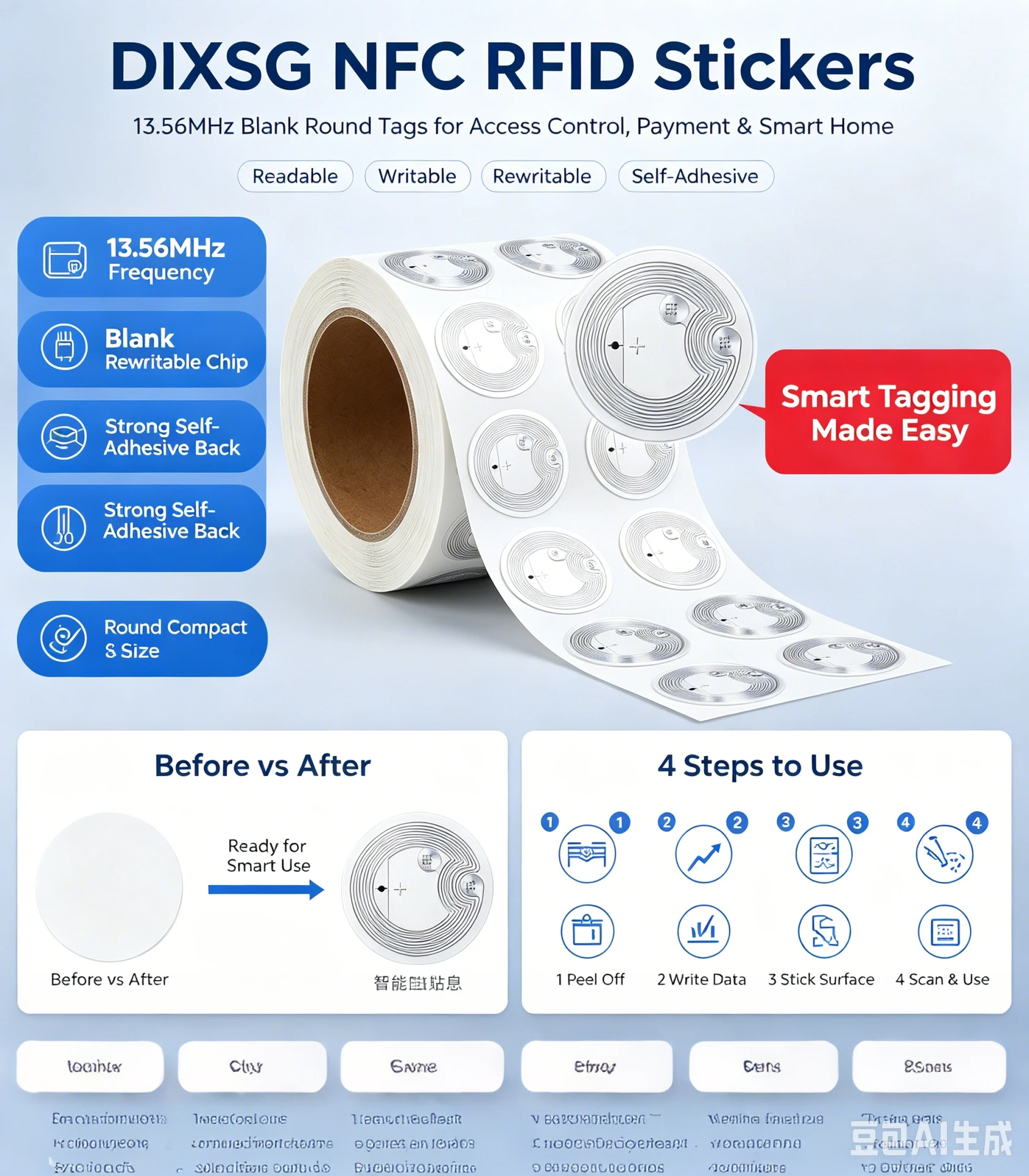DIXSG NTAG215 NFC Stickers Self Adhesive RFID Tags 13.56MHz ISO14443A Blank NFC Label Stickers Compatible with All NFC Phones
DIXSG NTAG215 NFC Stickers Self Adhesive RFID Tags 13.56MHz ISO14443A Blank NFC Label Stickers Compatible with All NFC Phones