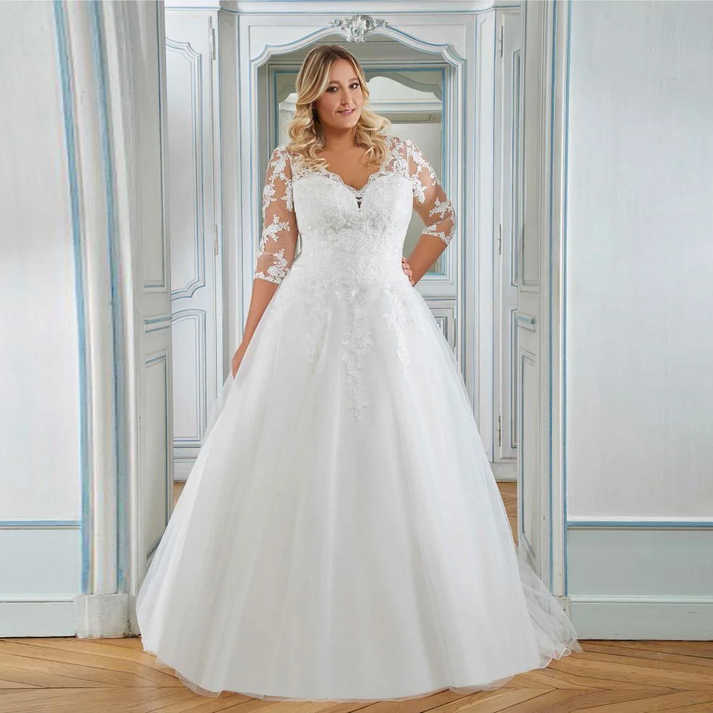 Classic Plus Size Wedding Dress Robe De Mariee 3/4 Sleeves V Neck Lace Applique A Line Sweep Train Bridal Gowns for Women
Classic Plus Size Wedding Dress Robe De Mariee 3/4 Sleeves V Neck Lace Applique A Line Sweep Train Bridal Gowns for Women