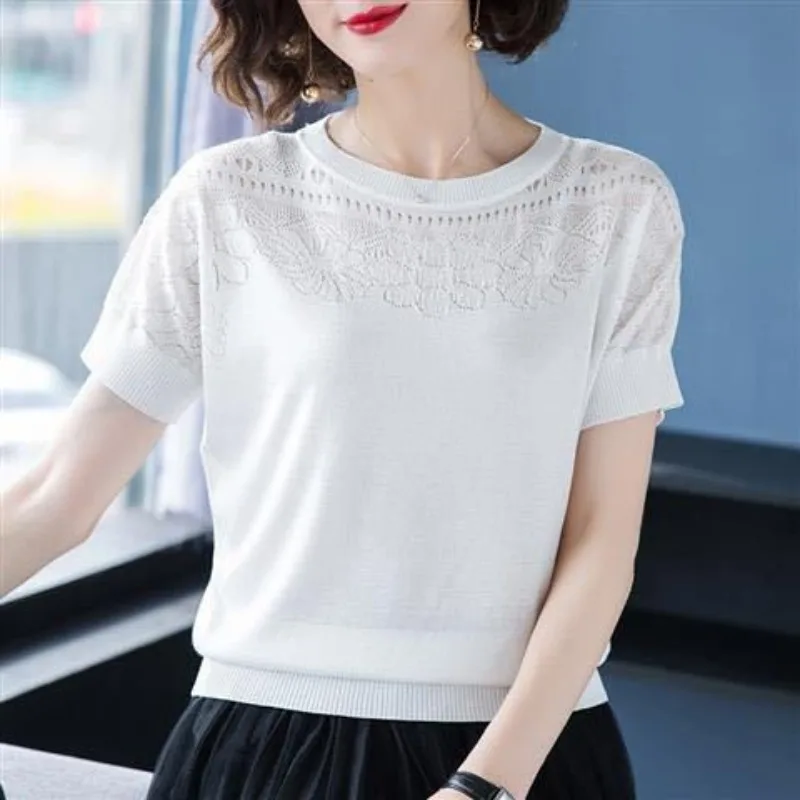 Summer Women's Pullover Solid Knitted Round Neck Short Sleeve Hooked Flower Hollow Bat Sweater tee T-shirt Fashion Loose Tops
Summer Women's Pullover Solid Knitted Round Neck Short Sleeve Hooked Flower Hollow Bat Sweater tee T-shirt Fashion Loose Tops