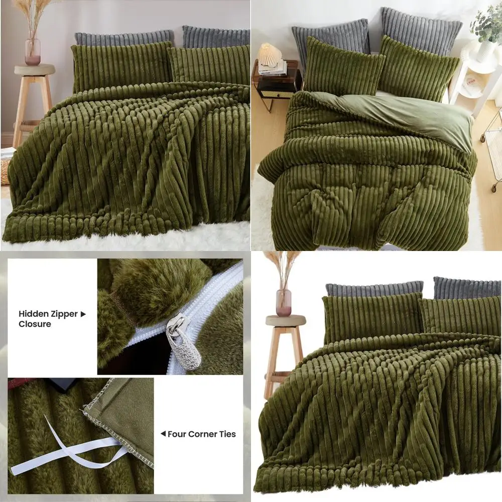 Luxury King Size Faux Fur Duvet Cover Set - Reversible Green Striped Flannel Velvet with Zipper Closure & Ties
Luxury King Size Faux Fur Duvet Cover Set - Reversible Green Striped Flannel Velvet with Zipper Closure & Ties