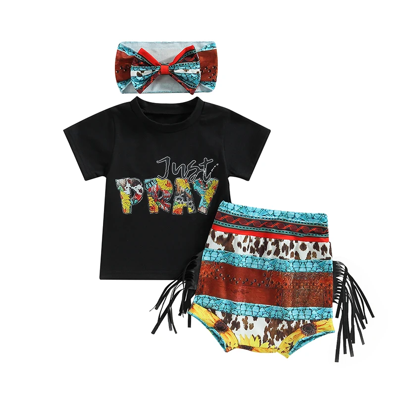Baby Girls Summer Outfits 2023 Western Letter Print Short Sleeve T-shirt and Elastic Tassel Shorts Headband Infant Clothing Set
Baby Girls Summer Outfits 2023 Western Letter Print Short Sleeve T-shirt and Elastic Tassel Shorts Headband Infant Clothing Set