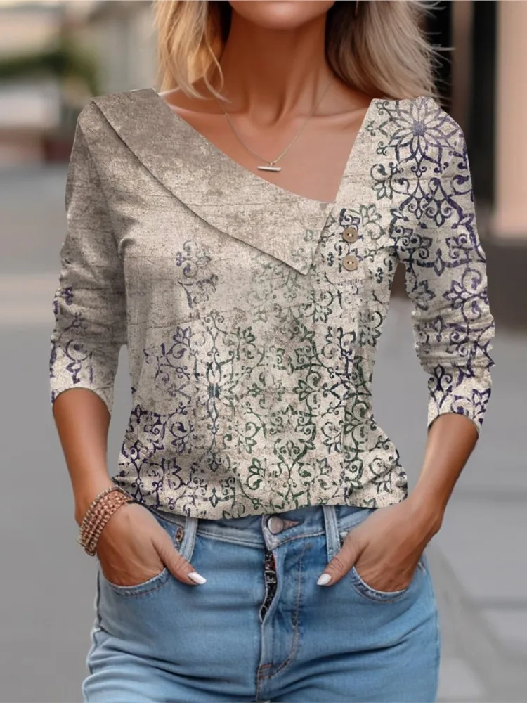 T-shirts For Women's Casual Loose Vintage Commuting Asymmetrical Neck Tops Long Sleeve New Printed O-neck Ladies Tee 2024 Spring
T-shirts For Women's Casual Loose Vintage Commuting Asymmetrical Neck Tops Long Sleeve New Printed O-neck Ladies Tee 2024 Spring