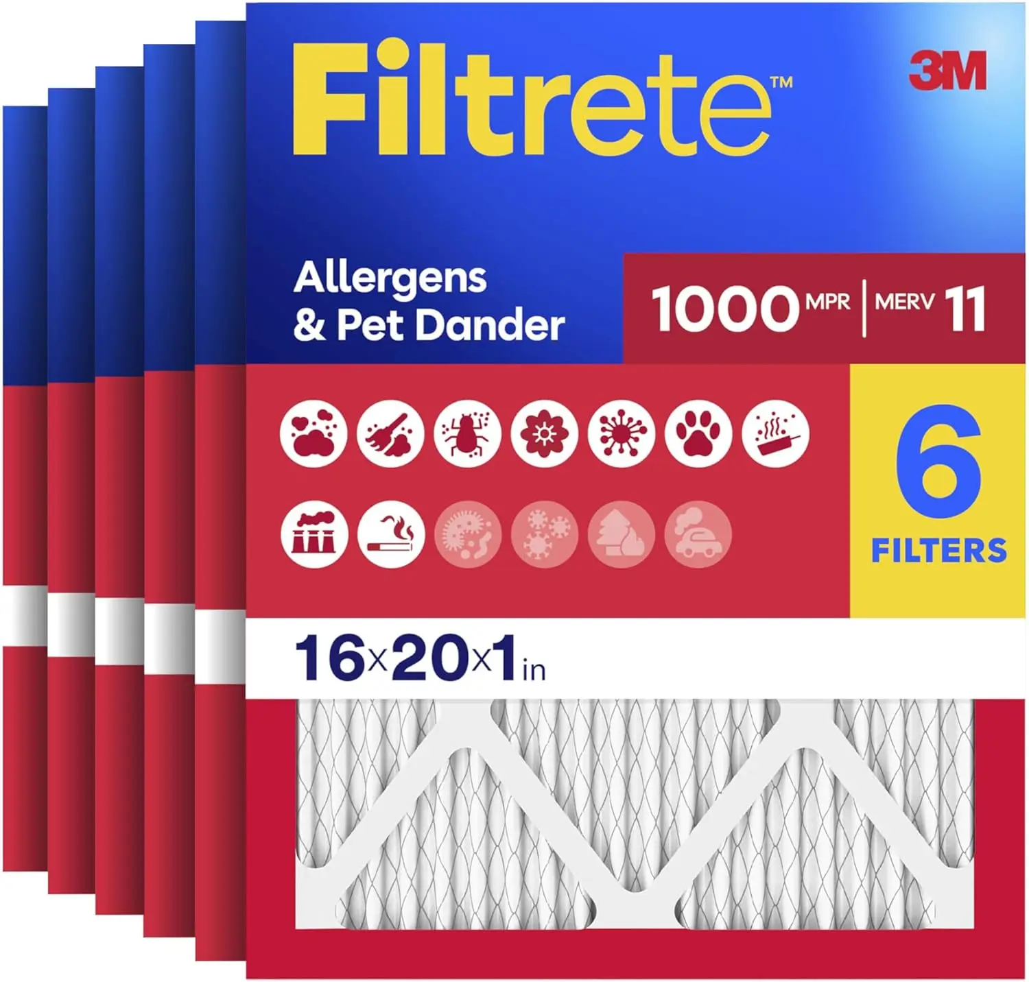 6-Pack MERV 11 Air Filter 16x20x1, MPR 1000, Allergen & Pet Dander, 3-Month HVAC Filters (Actual 15.68x19.68x0.81 in)
6-Pack MERV 11 Air Filter 16x20x1, MPR 1000, Allergen & Pet Dander, 3-Month HVAC Filters (Actual 15.68x19.68x0.81 in)