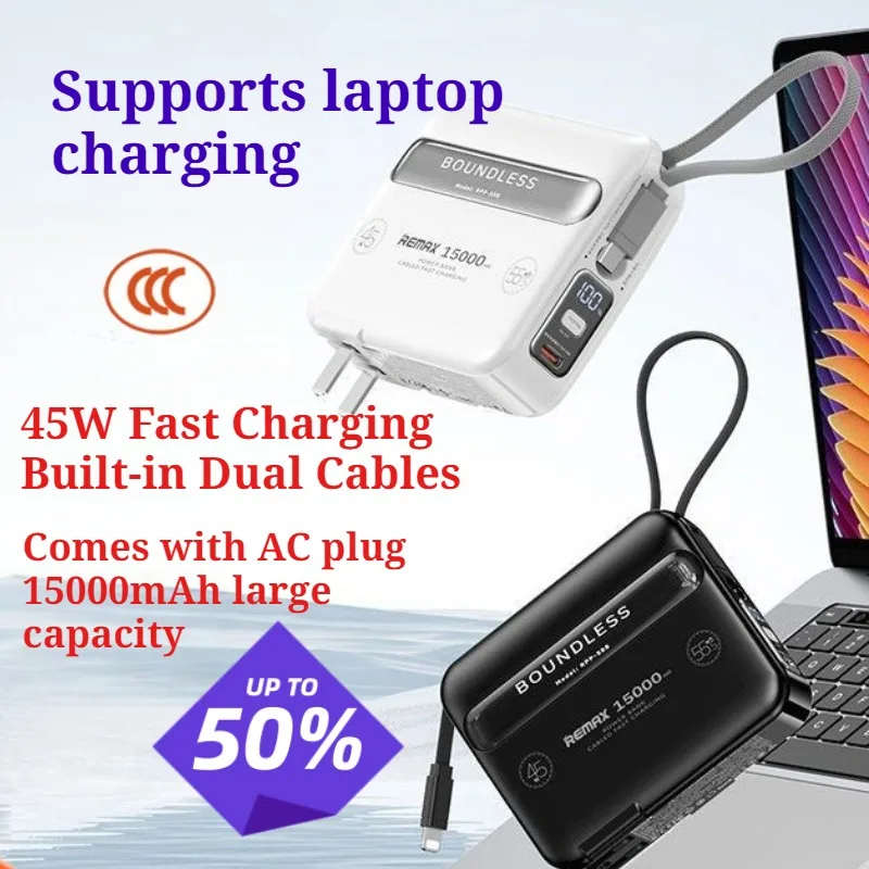 45W 15000mAh Fast Charging Power Bank with Built-in Cable Plug Compatible with Laptops 3C Certified
45W 15000mAh Fast Charging Power Bank with Built-in Cable Plug Compatible with Laptops 3C Certified