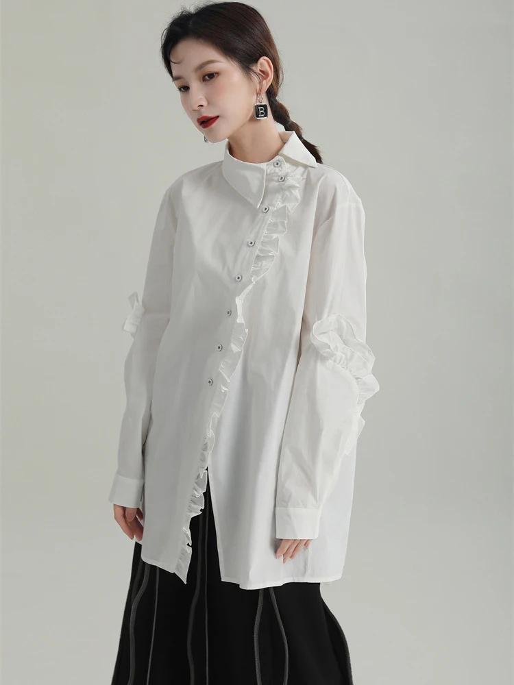 Women White Ruffles Big Size Long Blouse New Lapel Long Sleeve Loose Fit Shirt Fashion Tide Spring Autumn
Women White Ruffles Big Size Long Blouse New Lapel Long Sleeve Loose Fit Shirt Fashion Tide Spring Autumn