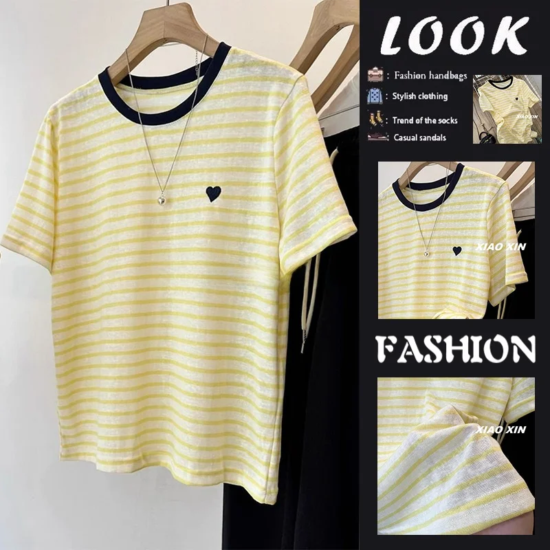 Korean Style Heart Print Overhead Striped Patchwork Short Sleeve Women's T-Shirt Breathable Base Layer Shirt Summer Fashion
Korean Style Heart Print Overhead Striped Patchwork Short Sleeve Women's T-Shirt Breathable Base Layer Shirt Summer Fashion