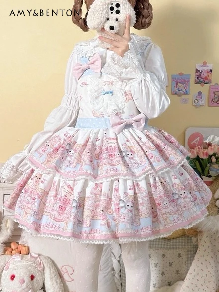 Rabbit Bear Party Fairy Sweetheart Lolita Strap Dress Kawaii Cartoon Print Bow High Waist Slim Fit Multi-layer Puffy Dress Women
Rabbit Bear Party Fairy Sweetheart Lolita Strap Dress Kawaii Cartoon Print Bow High Waist Slim Fit Multi-layer Puffy Dress Women