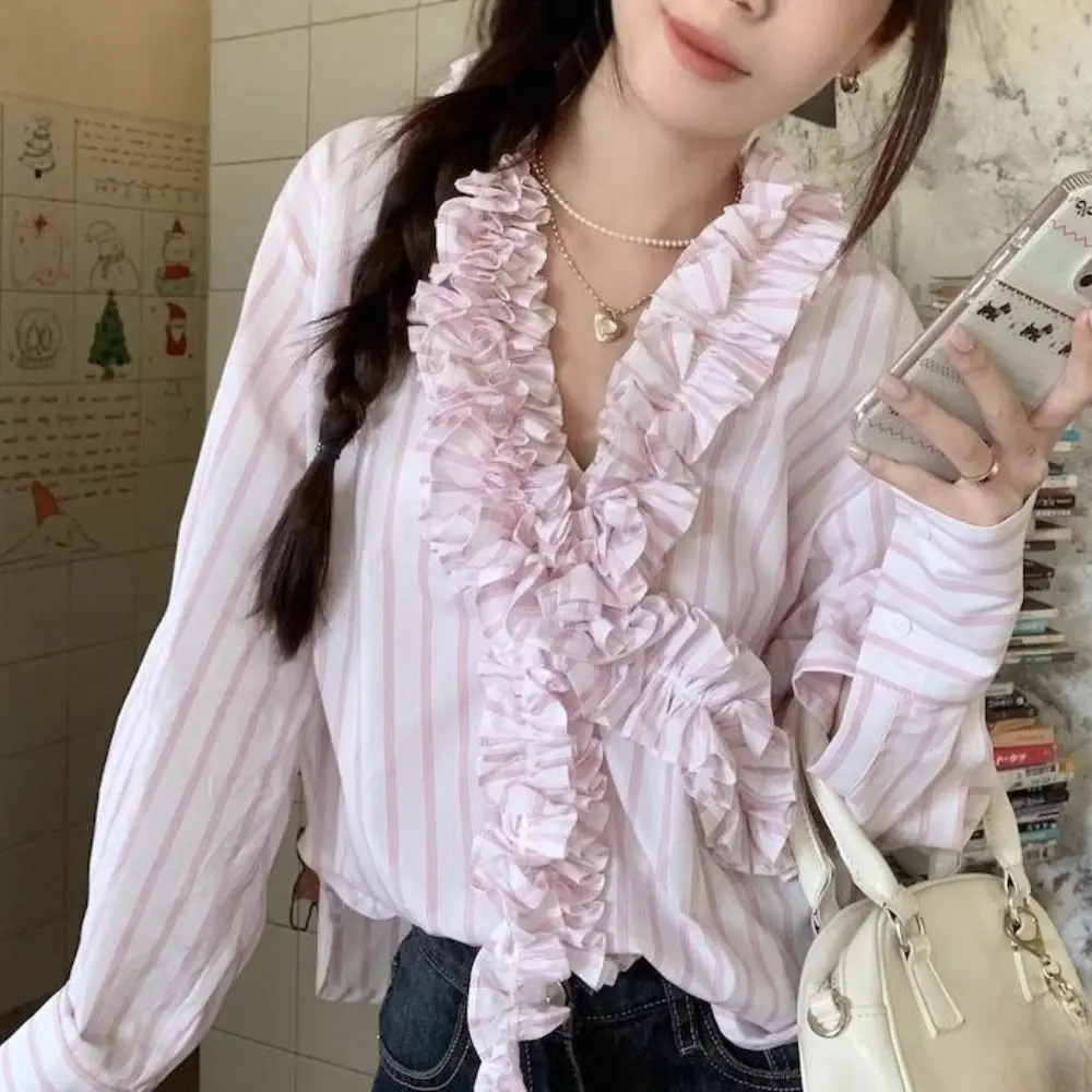 Fashion Sweet Pink Stripe Blouse Ruffle Tassel Long Sleeve Shirts Thin Curved Hem Deep V Flouce Shirt Beach
Fashion Sweet Pink Stripe Blouse Ruffle Tassel Long Sleeve Shirts Thin Curved Hem Deep V Flouce Shirt Beach