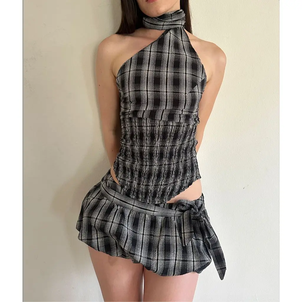 Combhasaki Womens Y2K Plaid/Dots Print 2Piece Outfits Set Halter One Shoulder Smocked Vest+Low Waist Mini Bubble Skirt with Belt
Combhasaki Womens Y2K Plaid/Dots Print 2Piece Outfits Set Halter One Shoulder Smocked Vest+Low Waist Mini Bubble Skirt with Belt