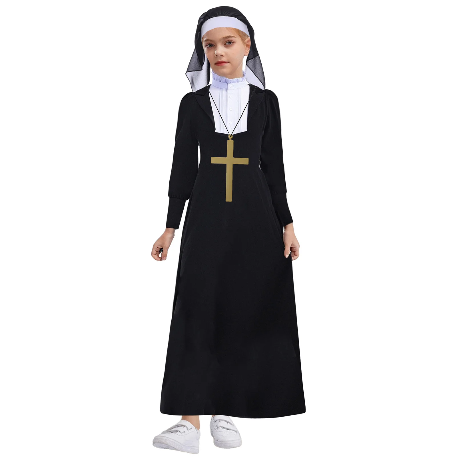 Girls Halloween Nun Cosplay Costume Theme Party Religious Catholic Priest Sister Fancy Dress Up Long Sleeve Robe with Veil Cross
Girls Halloween Nun Cosplay Costume Theme Party Religious Catholic Priest Sister Fancy Dress Up Long Sleeve Robe with Veil Cross