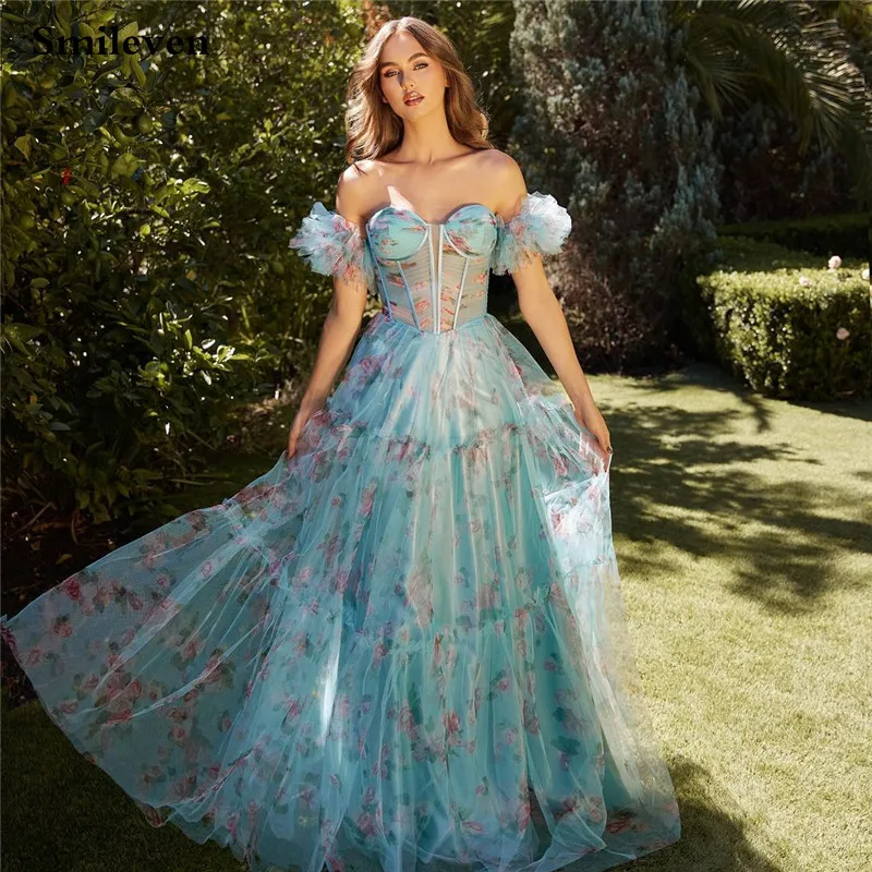 Smileven Blue Printing Prom Dresses robe de soirée Off The Shoulder Sweetheart Neck Evening Dresses Tulle Party Gowns 2024
Smileven Blue Printing Prom Dresses robe de soirée Off The Shoulder Sweetheart Neck Evening Dresses Tulle Party Gowns 2024