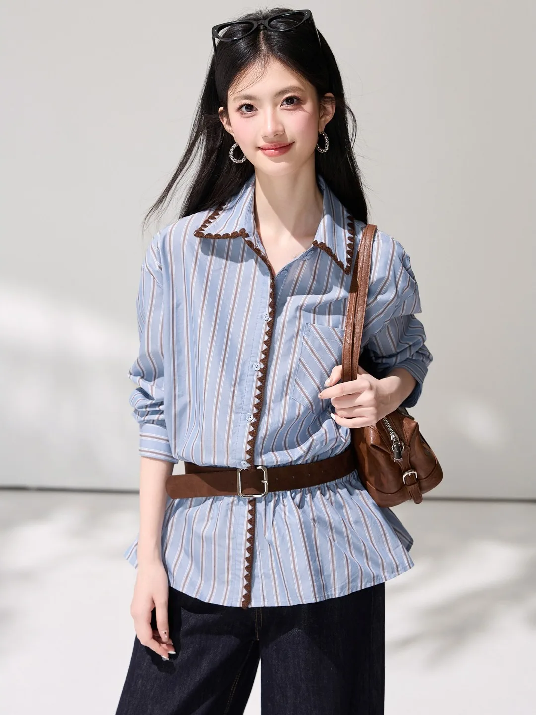 Ele Blue Striped Collar Long Sve Women's irt Spring Versatile High-End Feel Chic Blouse with Belt French Sle
Ele Blue Striped Collar Long Sve Women's irt Spring Versatile High-End Feel Chic Blouse with Belt French Sle
