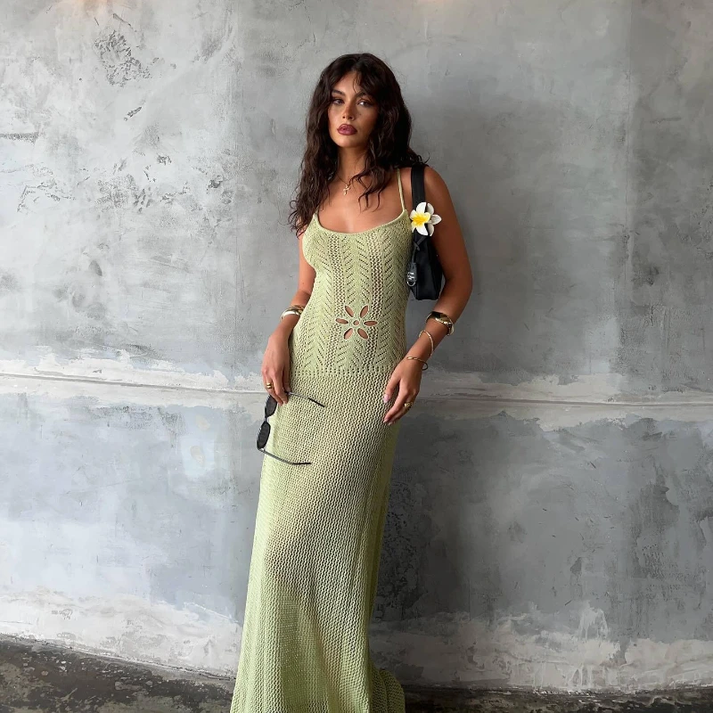 Knitted Sexy Hollow Out Maxi Dress for Women Green Spaghetti Strap Backless Dress Female Skinny Elegant Party Beachwear
Knitted Sexy Hollow Out Maxi Dress for Women Green Spaghetti Strap Backless Dress Female Skinny Elegant Party Beachwear