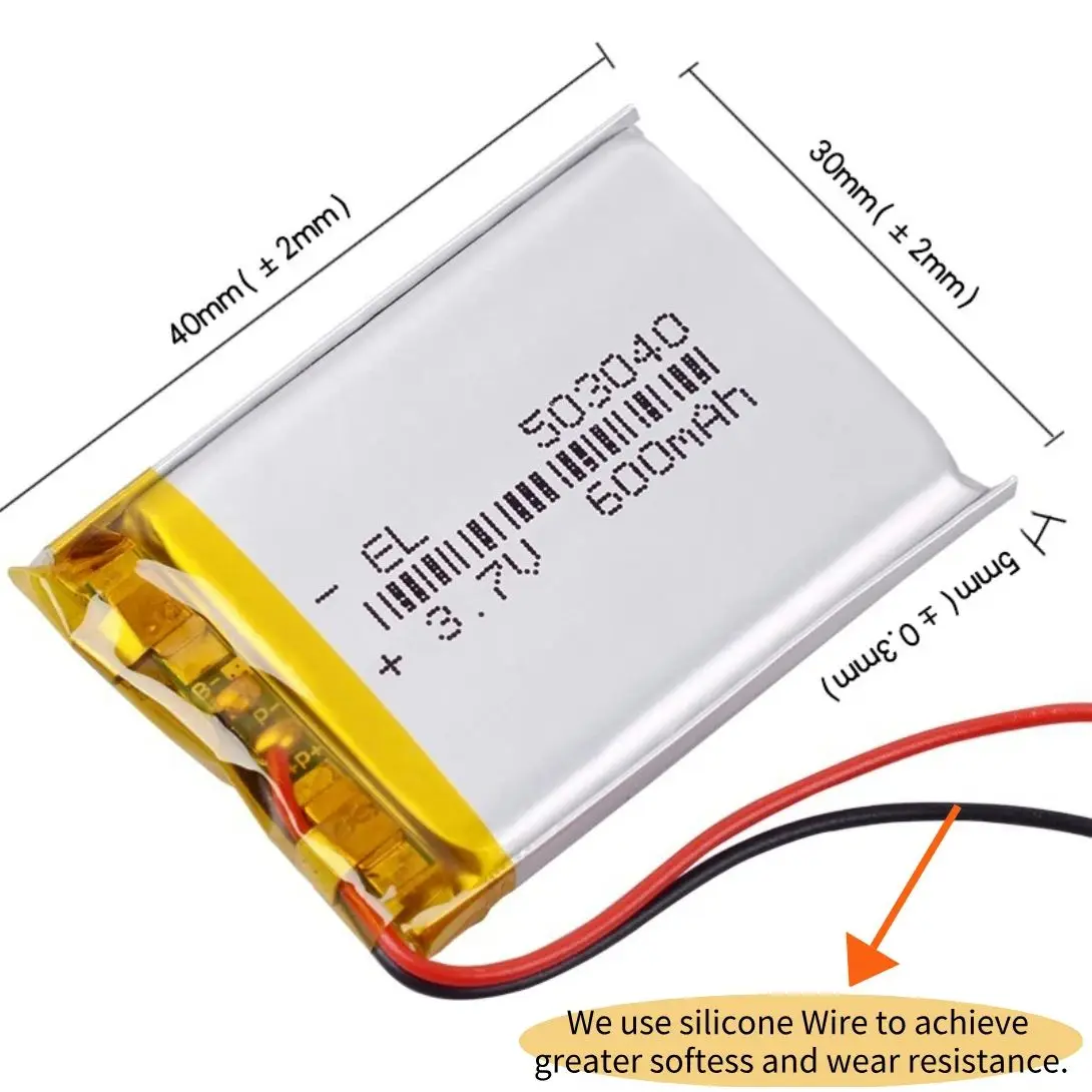 Silicone Wires 3.7V 600mAh 503040 lithium polymer battery Rechargeable Li-Po Batteries For mp3 player DVR GPS
Silicone Wires 3.7V 600mAh 503040 lithium polymer battery Rechargeable Li-Po Batteries For mp3 player DVR GPS