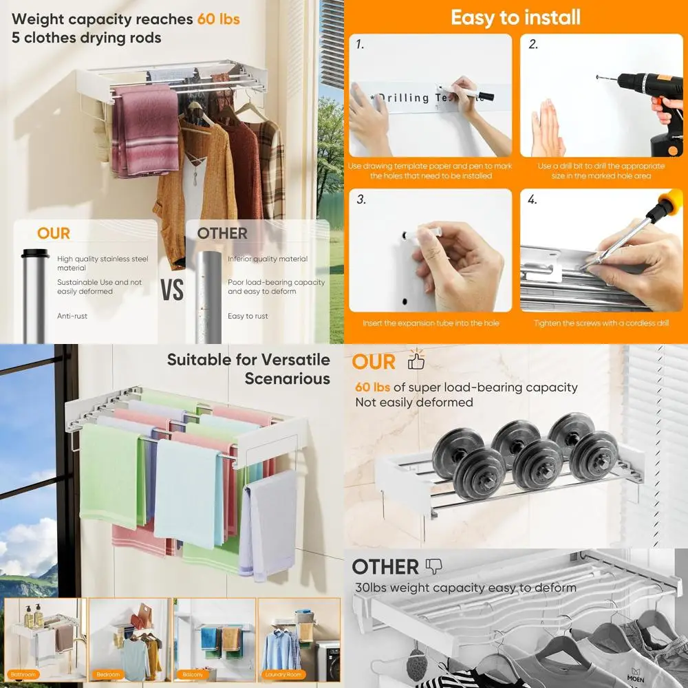 Space-Saving Foldable Wall-Mounted Clothes Drying Rack with 5 Rods and Towel Bars, 31.5 for Indoor/Outdoor Use
Space-Saving Foldable Wall-Mounted Clothes Drying Rack with 5 Rods and Towel Bars, 31.5 for Indoor/Outdoor Use