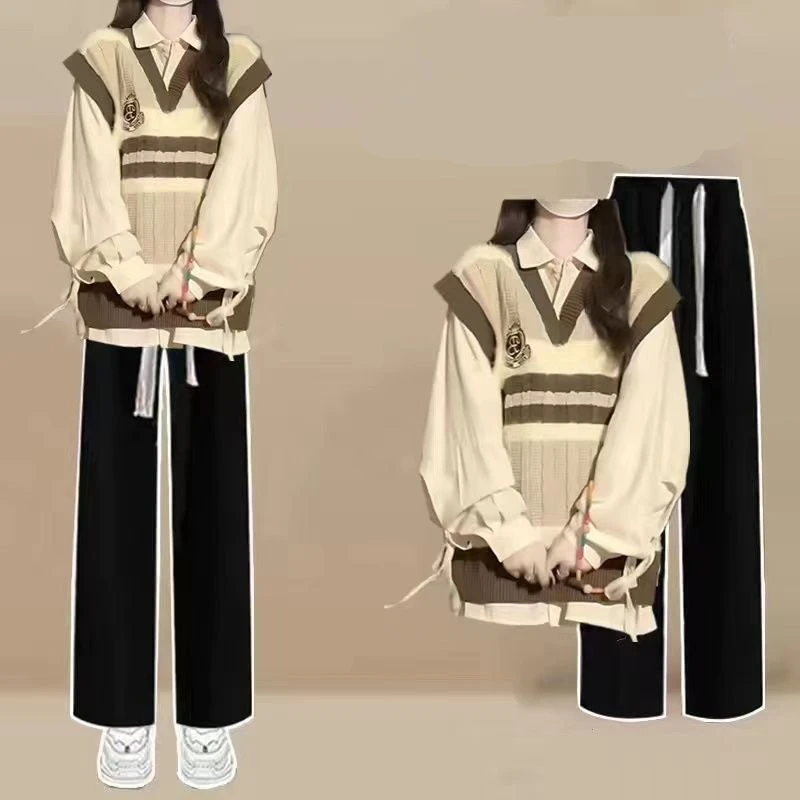 Spring Autumn New Preppy Style Pants Matching Sets Women's Loose Bandage Shirts Knit V-Neck Vest Trousers Outfits Top Jeans Suit
Spring Autumn New Preppy Style Pants Matching Sets Women's Loose Bandage Shirts Knit V-Neck Vest Trousers Outfits Top Jeans Suit