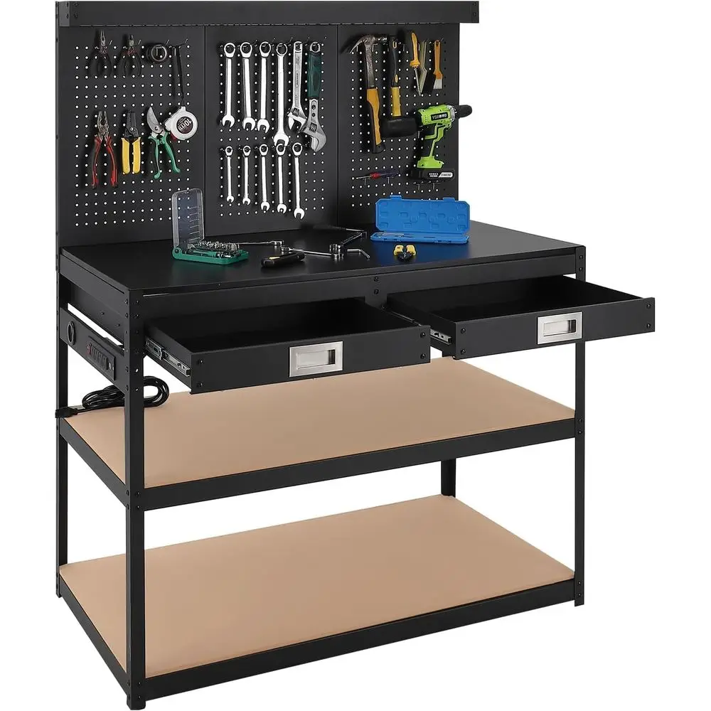 24 Deep 48 Wide Metal Workbench with 2 Drawers, 3-Tier Storage, Power Outlets, and Pegboard for Heavy-Duty Garage Use with 30 Ho
24 Deep 48 Wide Metal Workbench with 2 Drawers, 3-Tier Storage, Power Outlets, and Pegboard for Heavy-Duty Garage Use with 30 Ho