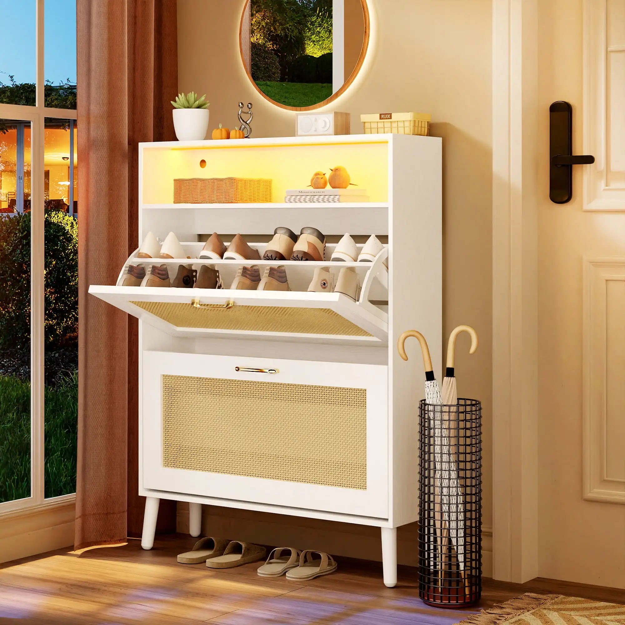 LED Shoe Cabinet with 2 Flip Drawers, Modern 20 Pair Shoe Rack Organizer, Freestanding Tipping Bucket Shoe for Entryway, White
LED Shoe Cabinet with 2 Flip Drawers, Modern 20 Pair Shoe Rack Organizer, Freestanding Tipping Bucket Shoe for Entryway, White