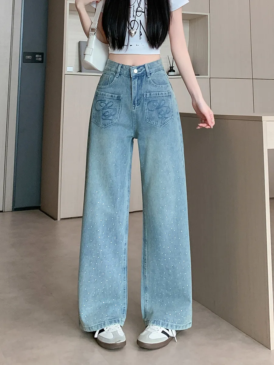 American Retro Blue Embroidery Rhinestone Denim Pants Women's Spring Summer New High Waist Loose Wide Leg Jeans Chic Trousers
American Retro Blue Embroidery Rhinestone Denim Pants Women's Spring Summer New High Waist Loose Wide Leg Jeans Chic Trousers