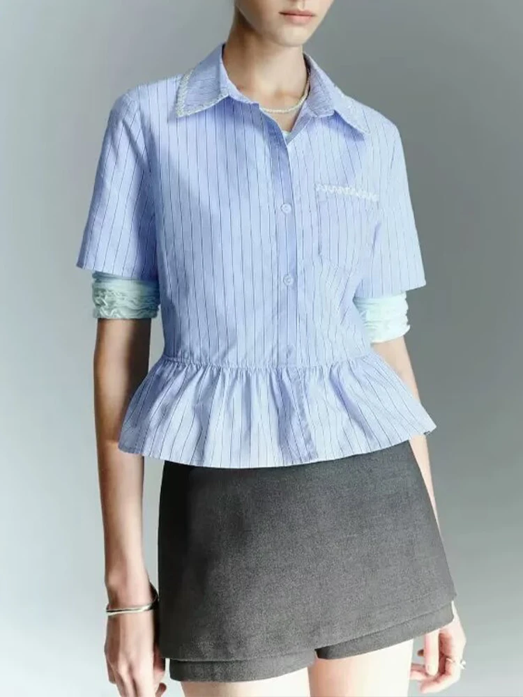 European style new women's fashion versatile temperament lace short-sleeved striped lapel single-breasted shirt
European style new women's fashion versatile temperament lace short-sleeved striped lapel single-breasted shirt