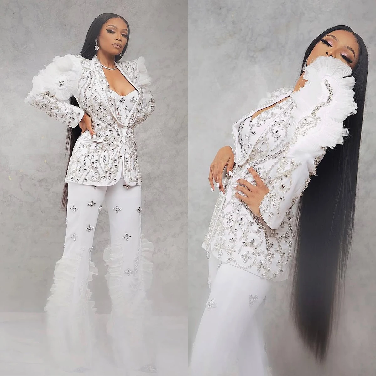 Sexy V Neck Crystal Women Blazer Suits 2 Pieces Beading Appliques Ruffle Jacket Customized Wide Leg Pants Celebrity Party Dress
Sexy V Neck Crystal Women Blazer Suits 2 Pieces Beading Appliques Ruffle Jacket Customized Wide Leg Pants Celebrity Party Dress