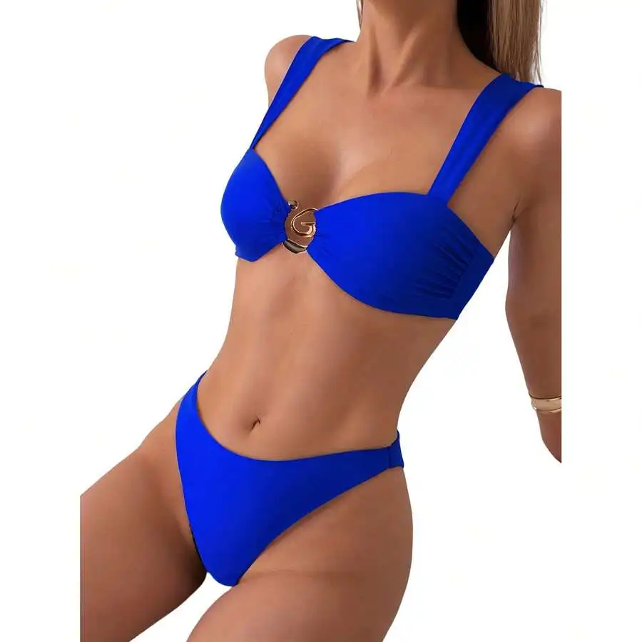 Blue Two Piece Bikini Set With Metal Ring Detail, Wide Strap High Cut Swimsuit For Women
Blue Two Piece Bikini Set With Metal Ring Detail, Wide Strap High Cut Swimsuit For Women