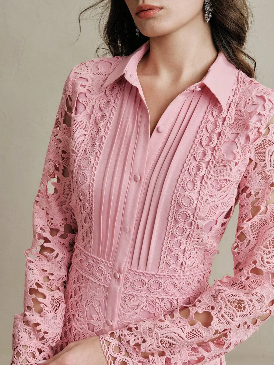 Elegant Pink Lace Patchwork Shirt Dress For Women Spring Party Wear
Elegant Pink Lace Patchwork Shirt Dress For Women Spring Party Wear