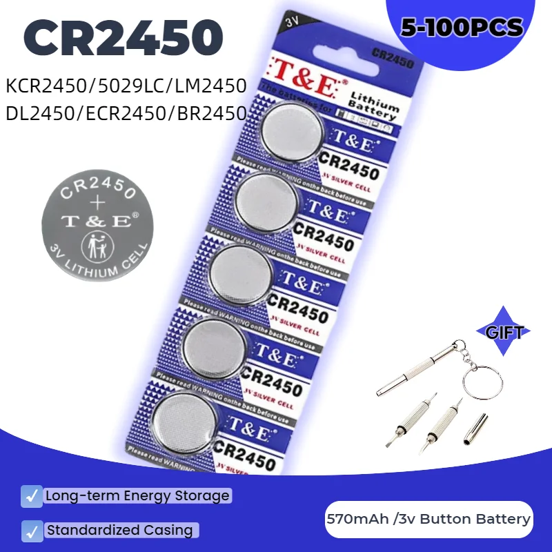 5-100PCS CR2450 3V 570mAh Buttom Battery KCR2450 LM2450 DL2450 ECR2450 BR2450 For Watch Toys Remote Electronic Scales
5-100PCS CR2450 3V 570mAh Buttom Battery KCR2450 LM2450 DL2450 ECR2450 BR2450 For Watch Toys Remote Electronic Scales