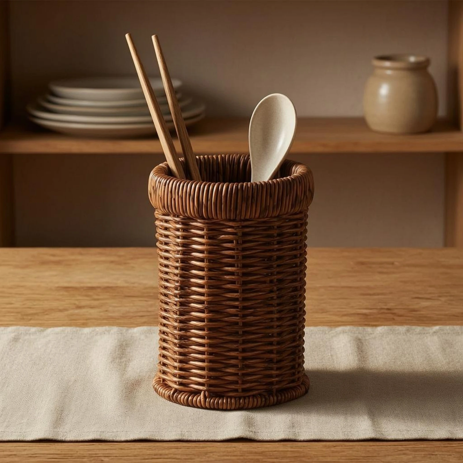 Woven Utensil Holder Iron Frame Cylindrical Utensil Holder Woven Cutlery Organizer Rounded Base Kitchen Storage Brown Finish
Woven Utensil Holder Iron Frame Cylindrical Utensil Holder Woven Cutlery Organizer Rounded Base Kitchen Storage Brown Finish