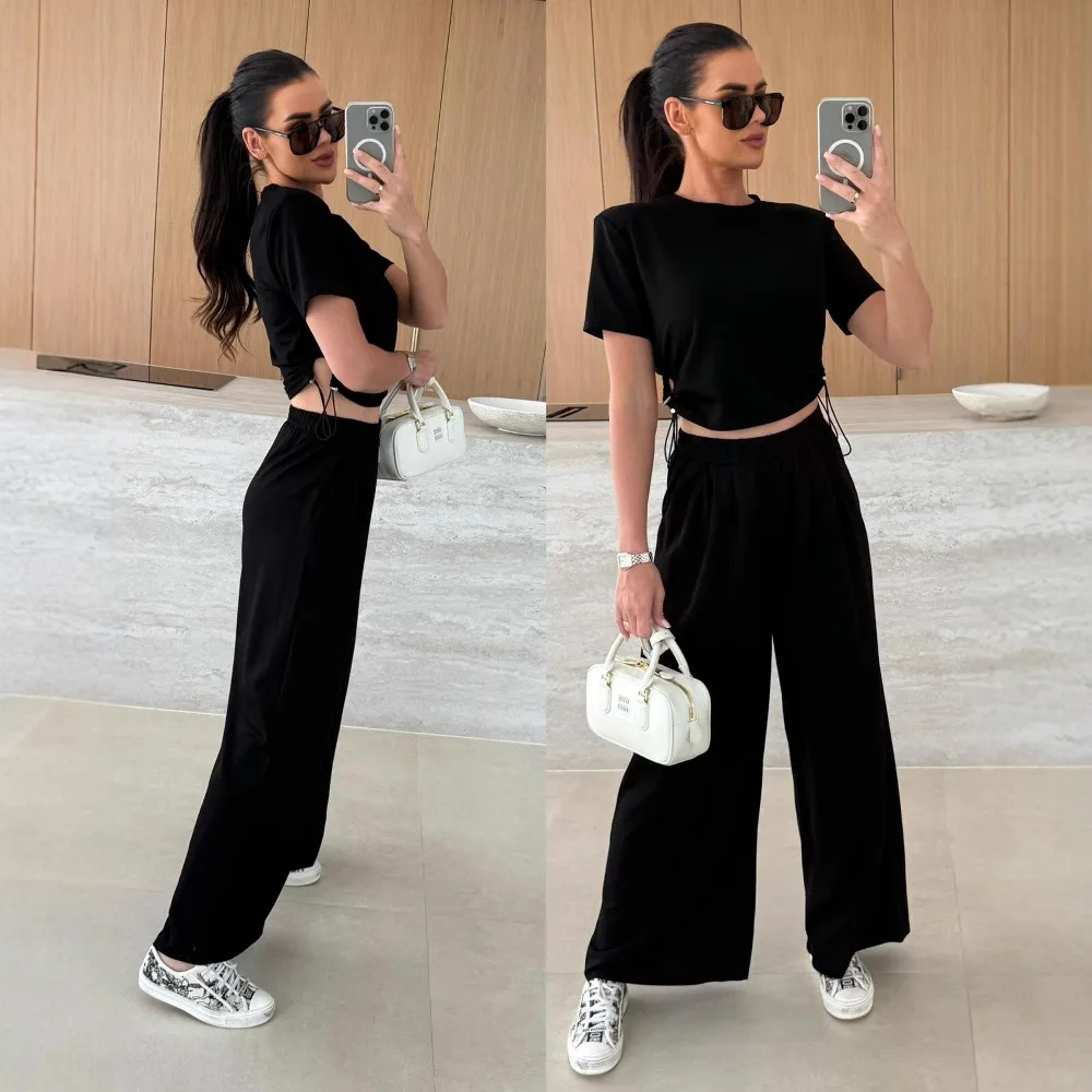 Summer New Black Sports Set Women Fashion Drawstring Short Sleeve Cropped T-Shirt Casual Straight Trousers 2-Piece Outfit Woman
Summer New Black Sports Set Women Fashion Drawstring Short Sleeve Cropped T-Shirt Casual Straight Trousers 2-Piece Outfit Woman