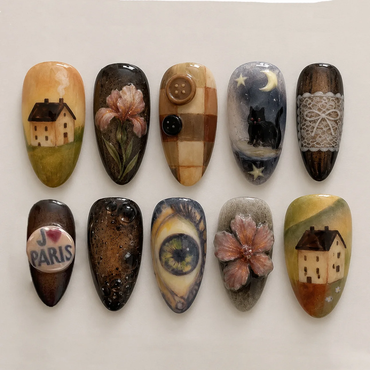24PCS Vintage Oil Painting Press on Nails Country House Black Cat Iris Flower Human Eye Plaid Button Lace Bow Charms False Nails
24PCS Vintage Oil Painting Press on Nails Country House Black Cat Iris Flower Human Eye Plaid Button Lace Bow Charms False Nails