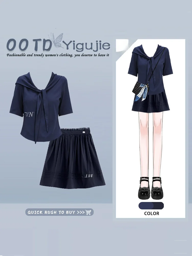 Slim Fit Korean Style College Wind Short Sleeve Pleated High Waist Two Piece Set Women's Fashion Blue Color Half Body Skirt
Slim Fit Korean Style College Wind Short Sleeve Pleated High Waist Two Piece Set Women's Fashion Blue Color Half Body Skirt