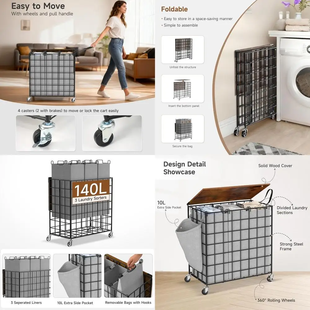 Heavy-Duty 3-Section Laundry Sorter with Wheels, 140L Capacity, Wooden Lid, Rolling Wheels, Side Pocket, Leather Handle - Grey
Heavy-Duty 3-Section Laundry Sorter with Wheels, 140L Capacity, Wooden Lid, Rolling Wheels, Side Pocket, Leather Handle - Grey